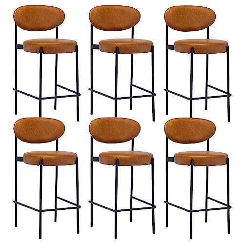 26 Inch PU Leather Upholstered Bar Stools Set of 6 with Open Back and Black Metal Legs