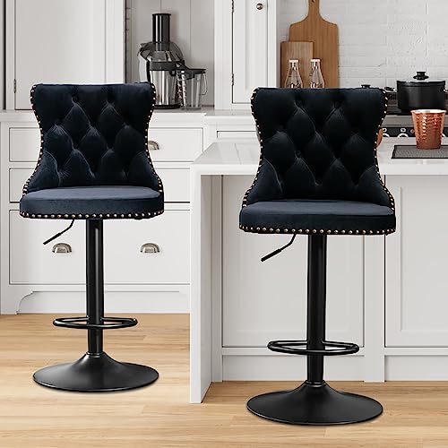 Aoowow Adjustable Velvet Tufted Bar Stools with Backrest (Set of 2, Black)