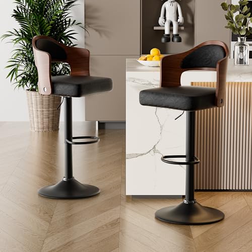 Adjustable Bentwood Swivel Bar Stools Set of 2 with Faux Leather Upholstery for Kitchen Counter